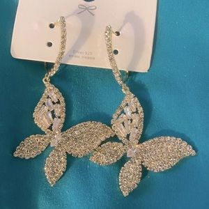 Cute butterfly gold tone white crystal earrings